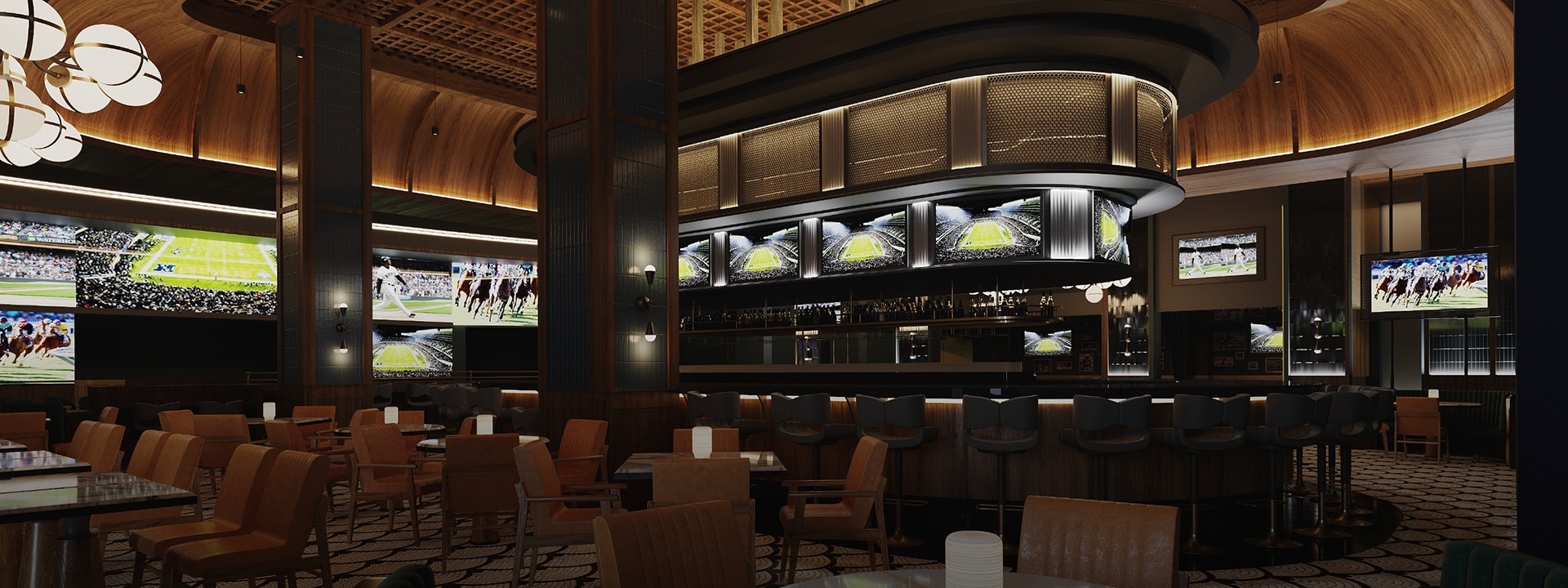 Oblong bar with televisions surrounded by stools, tables and chairs